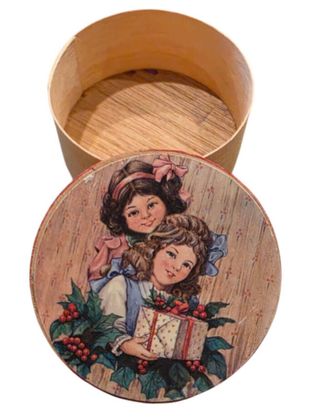 Vintage Hand panted Balsa Wood Small Trinket Box Girls Sisters Christmas